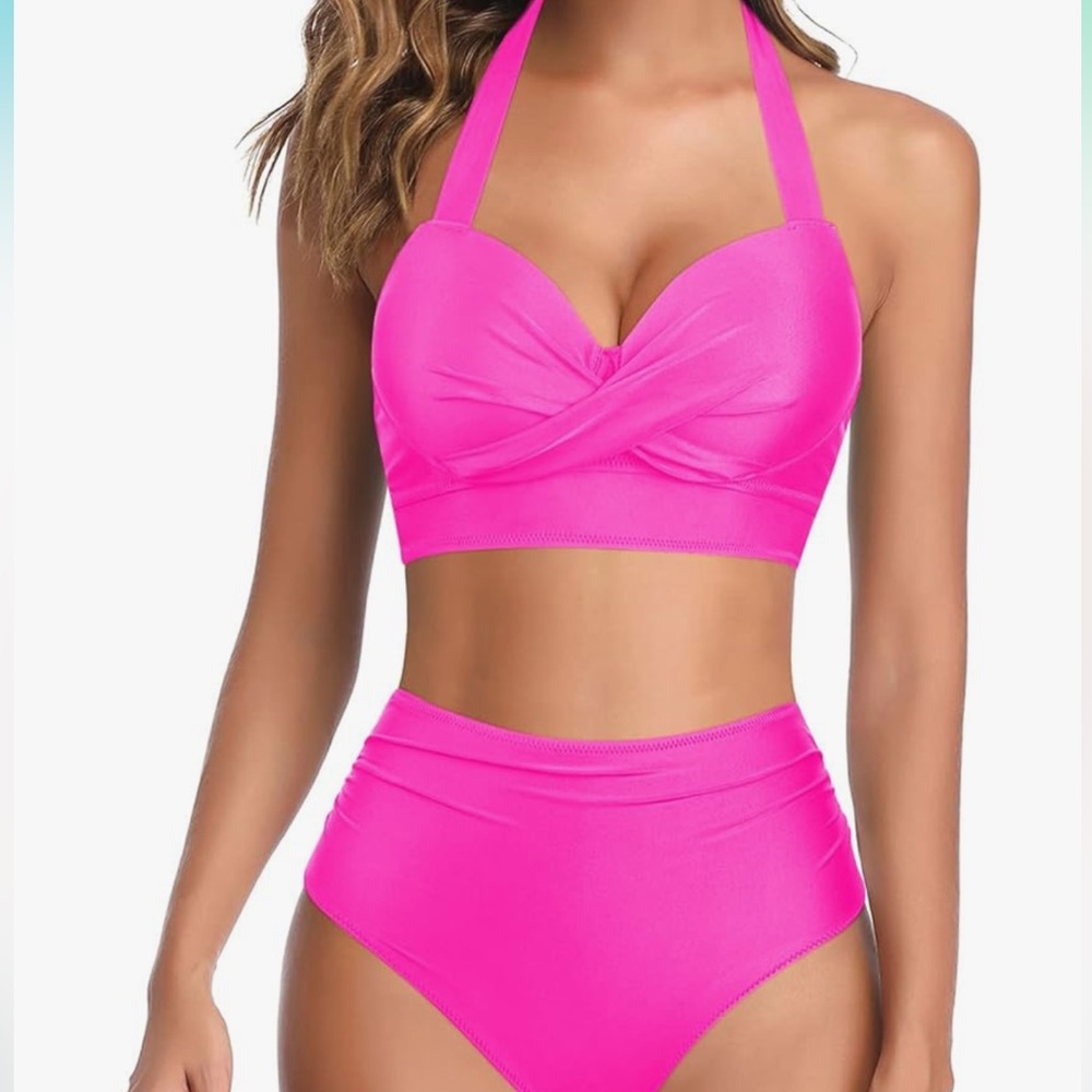 High-Waisted Swimsuit Tummy Control 2pc Retro Halter Twist Front Hot Pink S